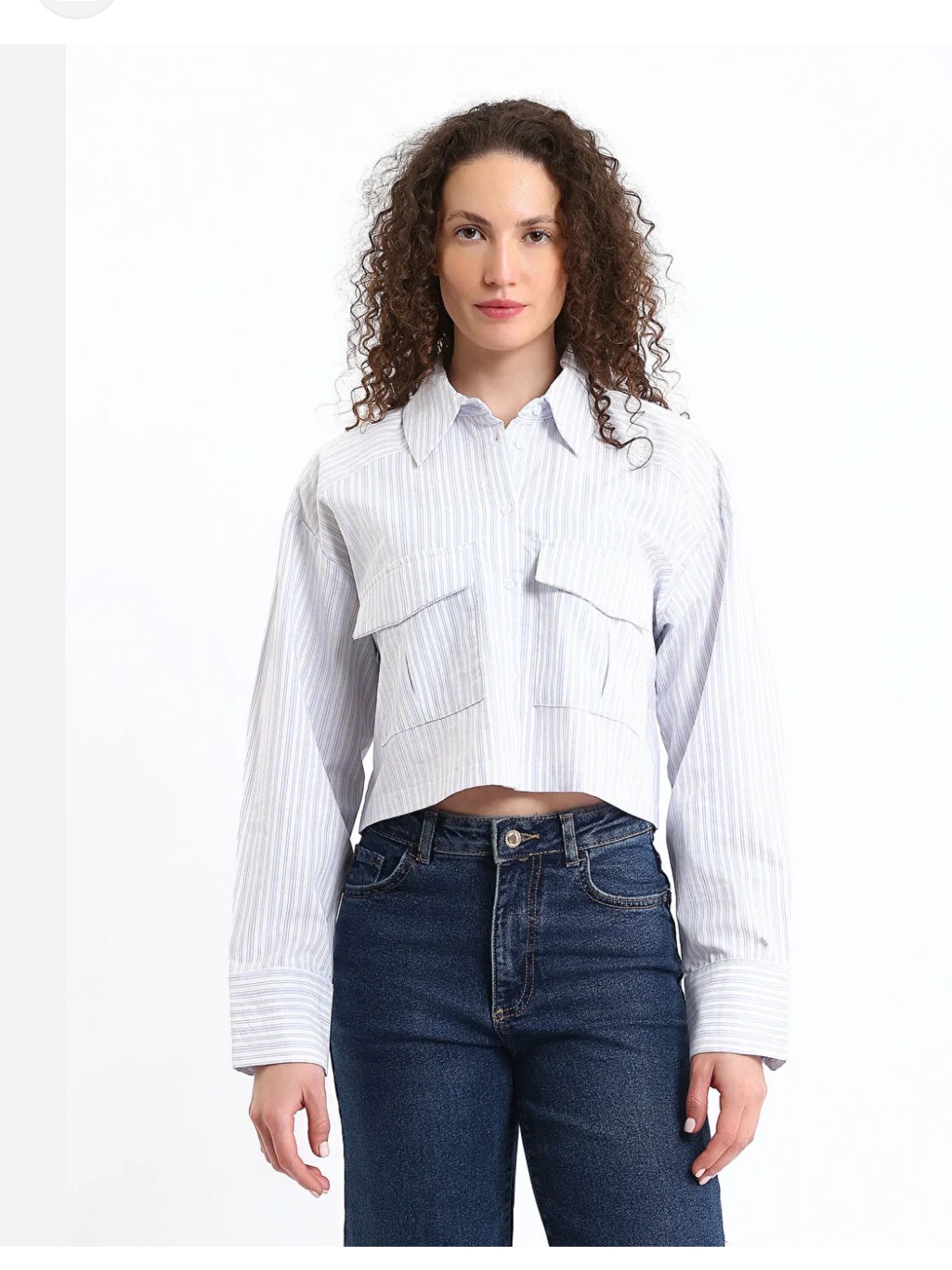 Cropped Button-Front Stripe Shirt - White/Light Blue